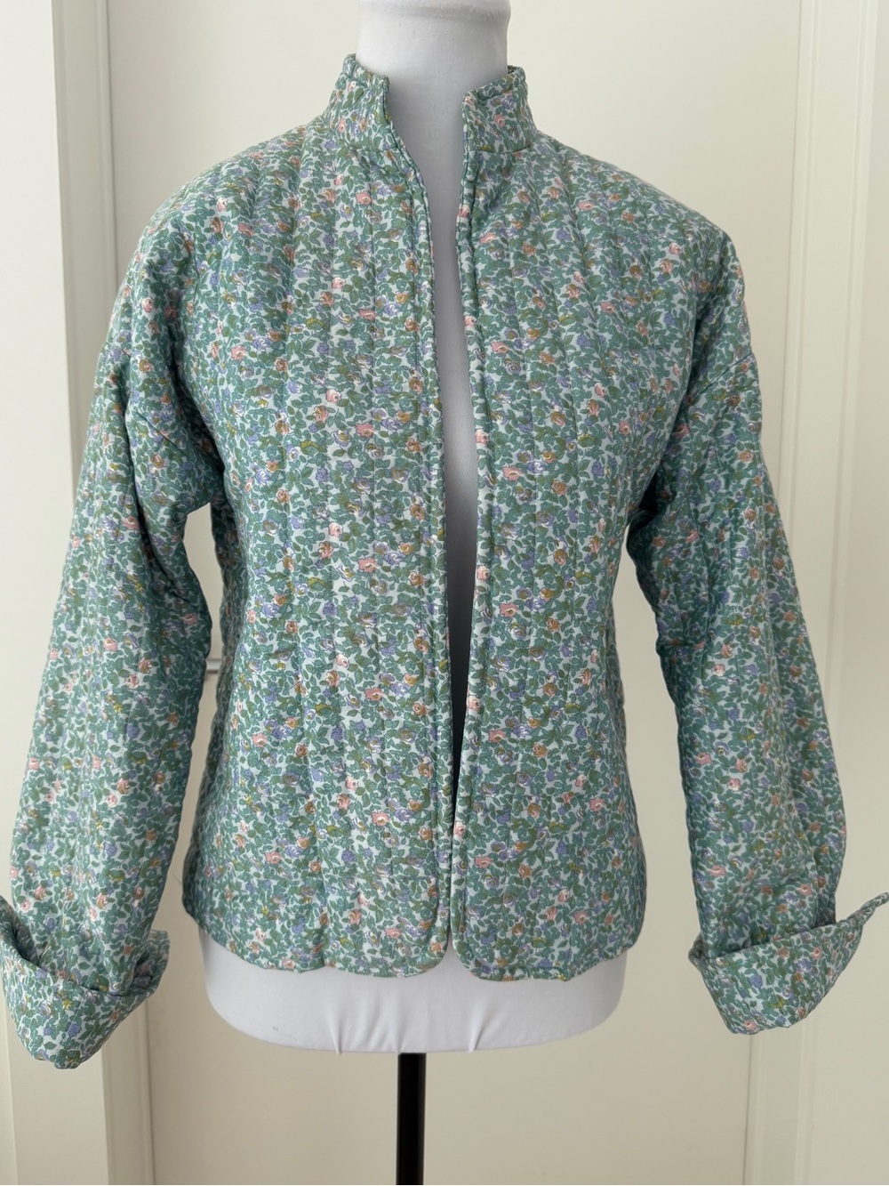 QUILTED Open Front Lined Jacket Mandarin Collar Ditsy Floral Pastel Cottagecore